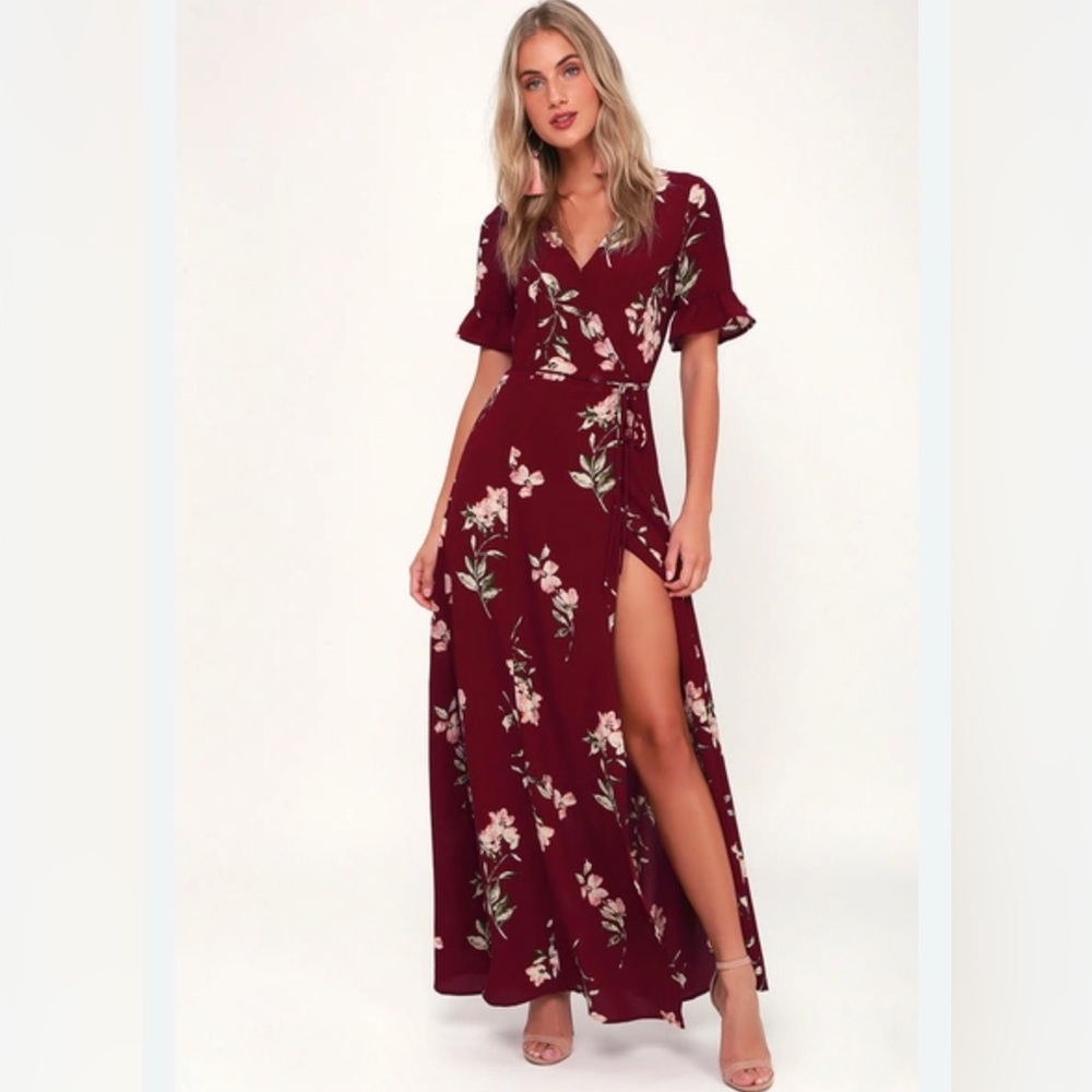 Lulus‎ September Sunsets Burgundy Floral Print Wrap Maxi Dress